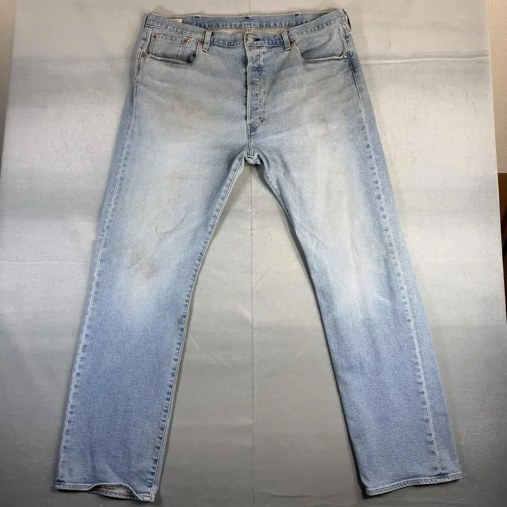 Levis Premium 501 Jeans Mens 38x34 Blue Light Wash Straight Leg Stretch Denim